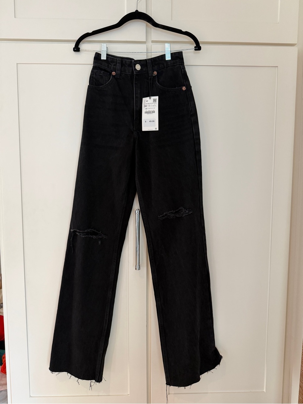 NWT Zara Black Wide Leg Jeans with Rips 100% Cotton size 2